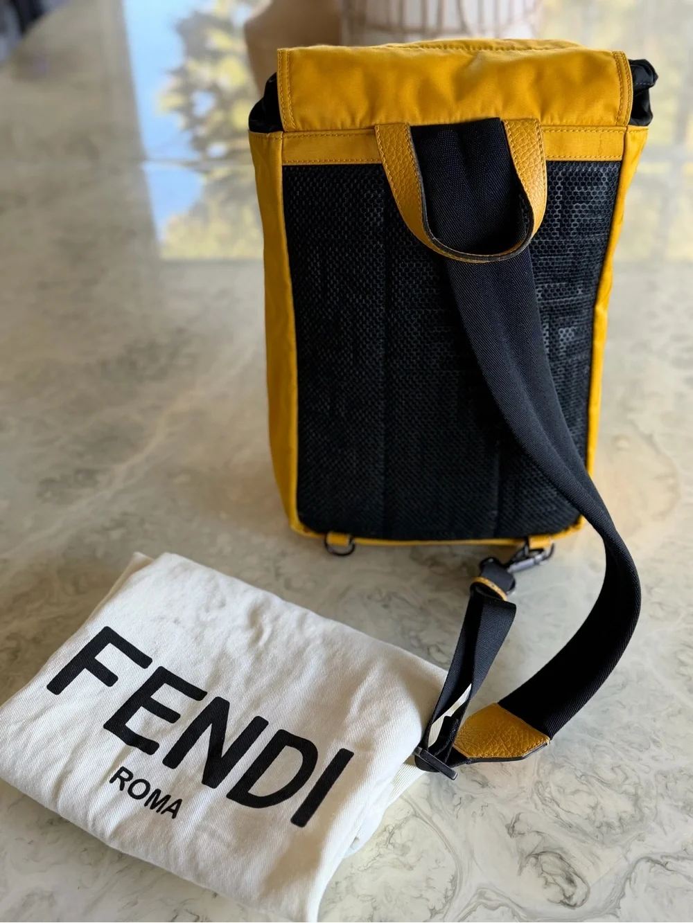 Fendi Men's Yellow Nylon sling back Backpack with FF Signature Buckle